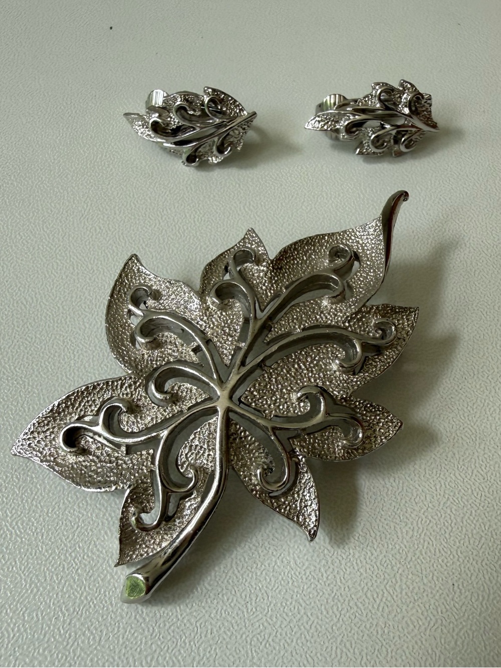 Sterling Silver Floral Clip-On Earrings and Brooch Set